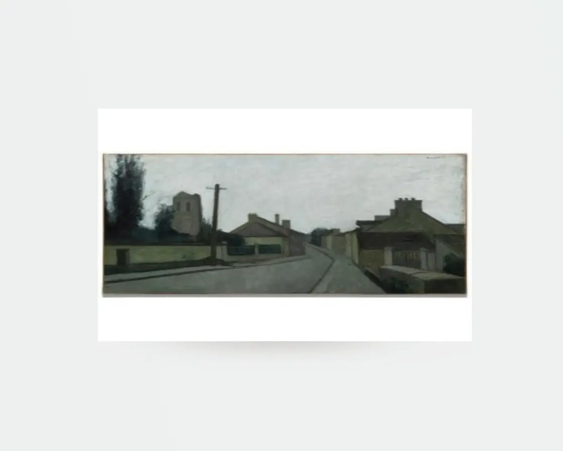 Rue de village (1946) by Bernard Buffet showing a quiet rural street lined with modest houses and stone walls, a telephone pole and church tower rising in the distance beneath a muted grey sky, rendered in subdued tones that evoke the stillness of post-war village life