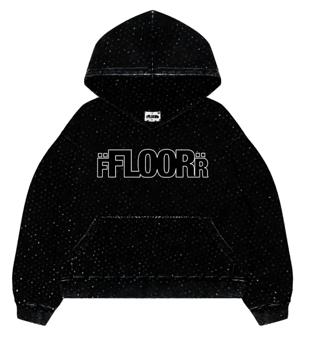 Front view of the black FLOOR 914 VVS hoodie featuring an all-over rhinestone pattern, bold outlined FLOORR logo on the chest, oversized hood, and kangaroo pocket