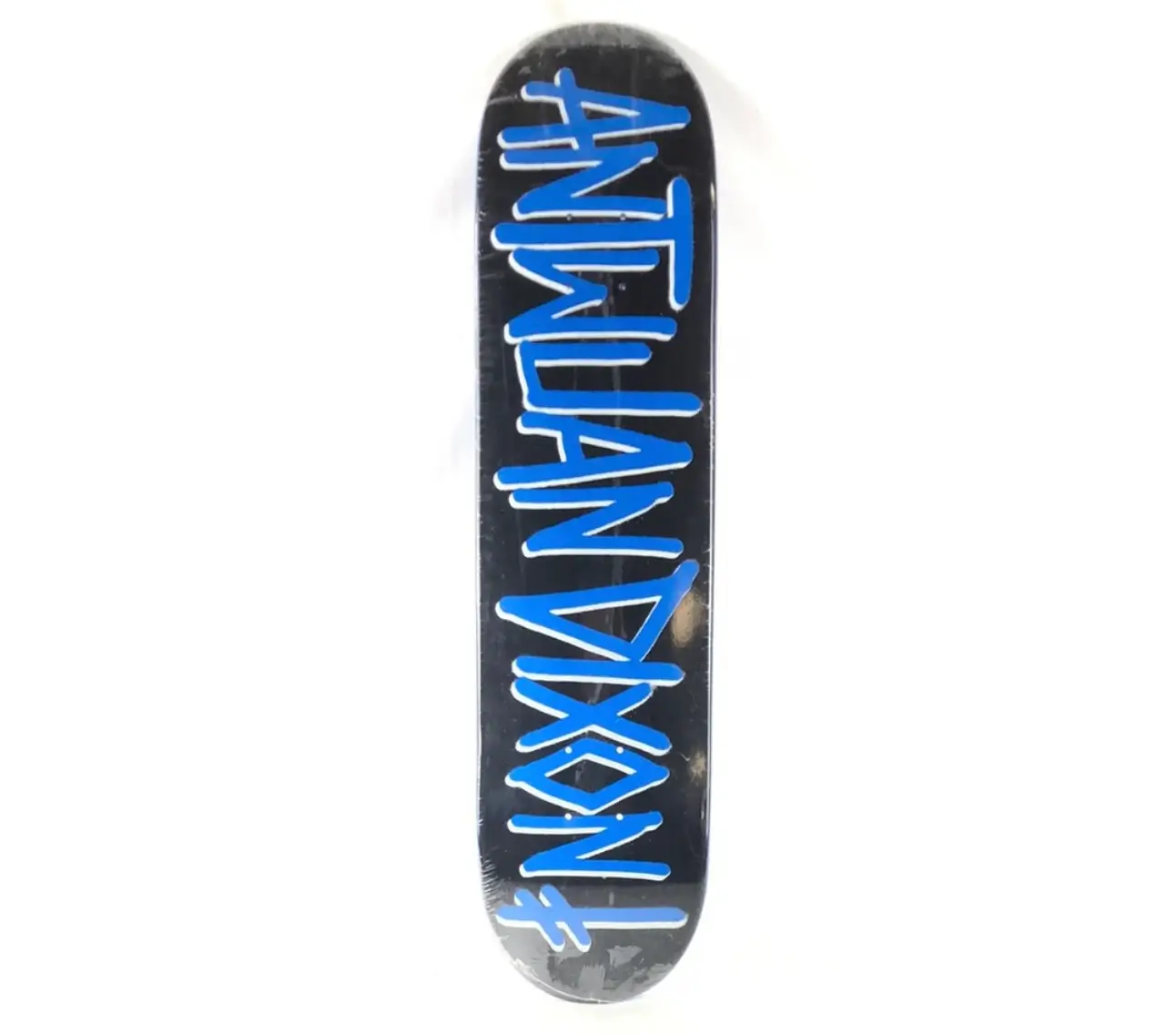 Black skateboard deck featuring bold, hand-drawn-style blue lettering spelling “ANTWUNAXON” vertically, with a glossy finish and slight wear visible near the nose and tail