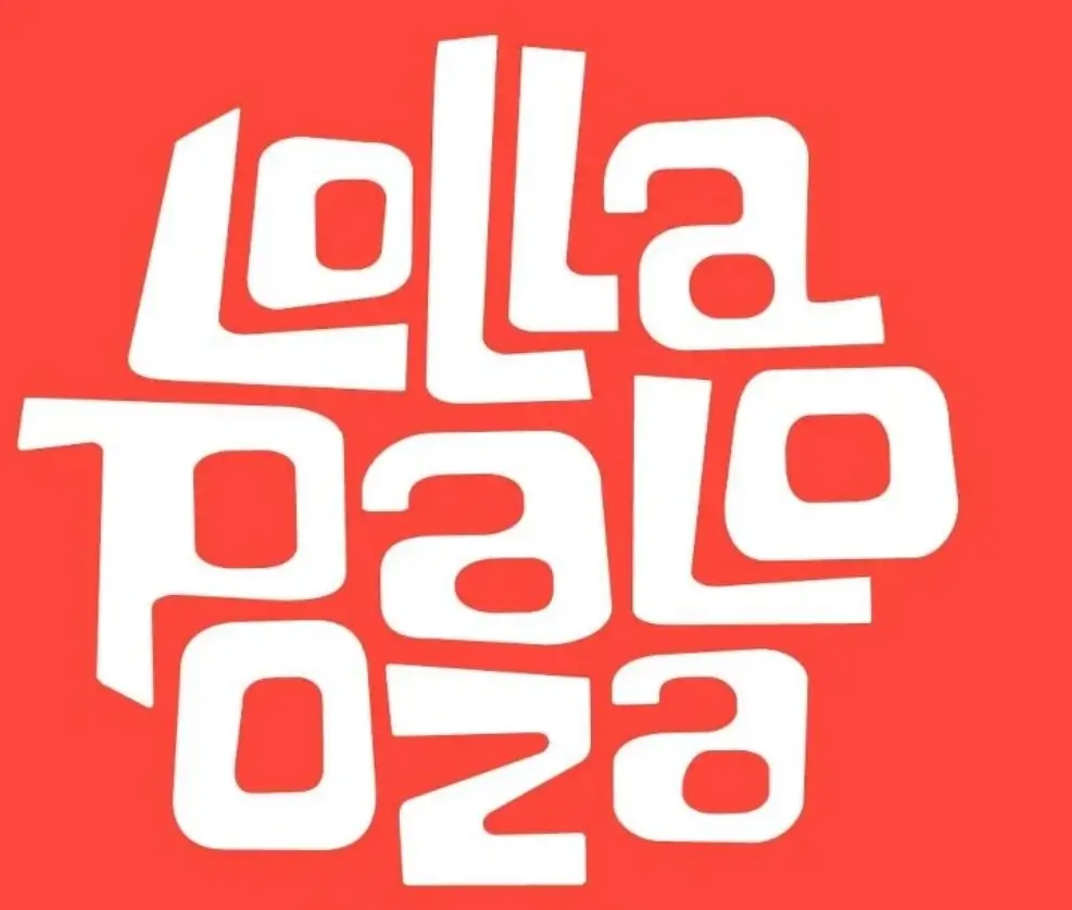 Bold red background featuring the stylized white “Lollapalooza” logo in rounded, retro-inspired lettering, tightly stacked and filling the frame with high contrast and graphic clarity