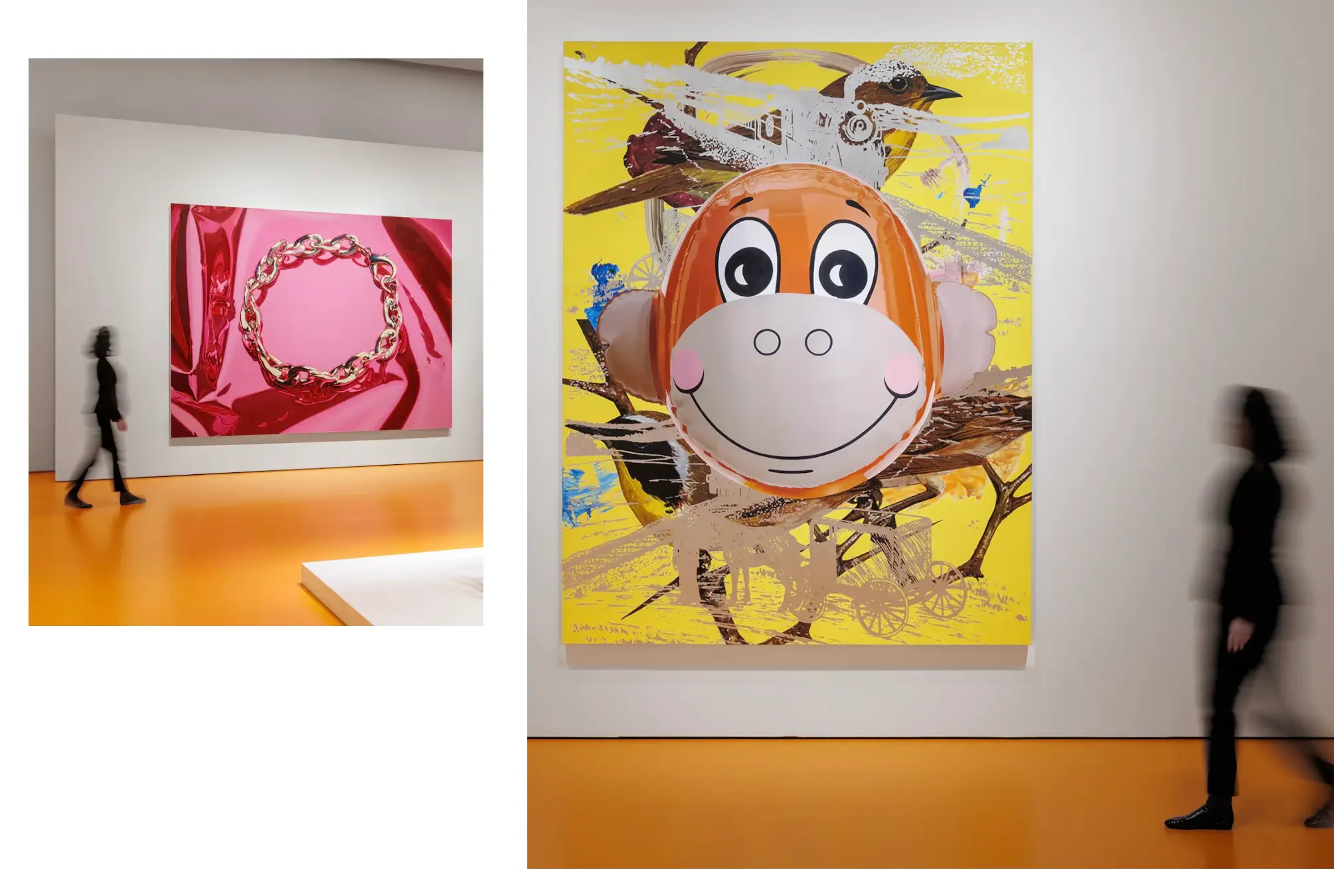 Large-scale Jeff Koons paintings displayed in a minimalist gallery with bright orange flooring, featuring a glossy pink chain motif artwork and a vibrant yellow canvas with a cartoonish monkey face layered over collage elements, as blurred visitors pass by