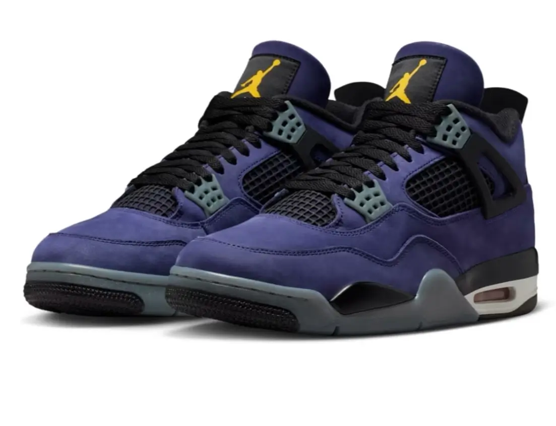 Pair of Nike Air Jordan 4 OG “Lakers” sneakers in imperial purple suede with black mesh panels and gold Jumpman tongue logos