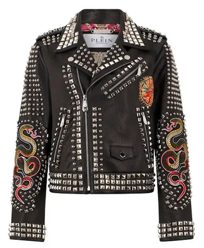 Front view of Philipp Plein Boxy Fit Biker Jacket in black leather featuring dense metal studs, asymmetric zip closure, and colorful embroidered snake patches on the sleeves