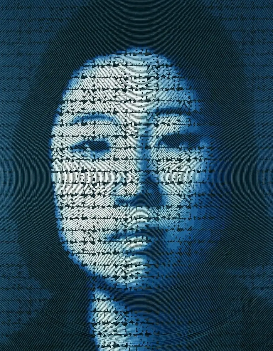 Portrait of a human face emerging from concentric rings of fragmented black typography on a deep blue background, creating a hypnotic typographic figure reminiscent of a digital or sculptural bust