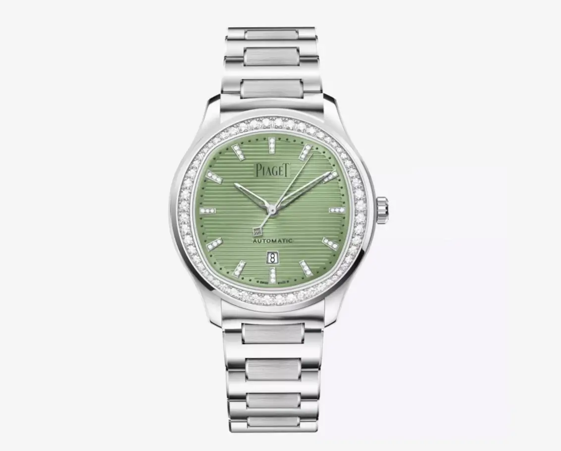 Piaget Polo Automatic 36mm stainless-steel watch with diamond-set bezel and hour markers, featuring a green textured dial, integrated steel bracelet, and date window at 6 o’clock