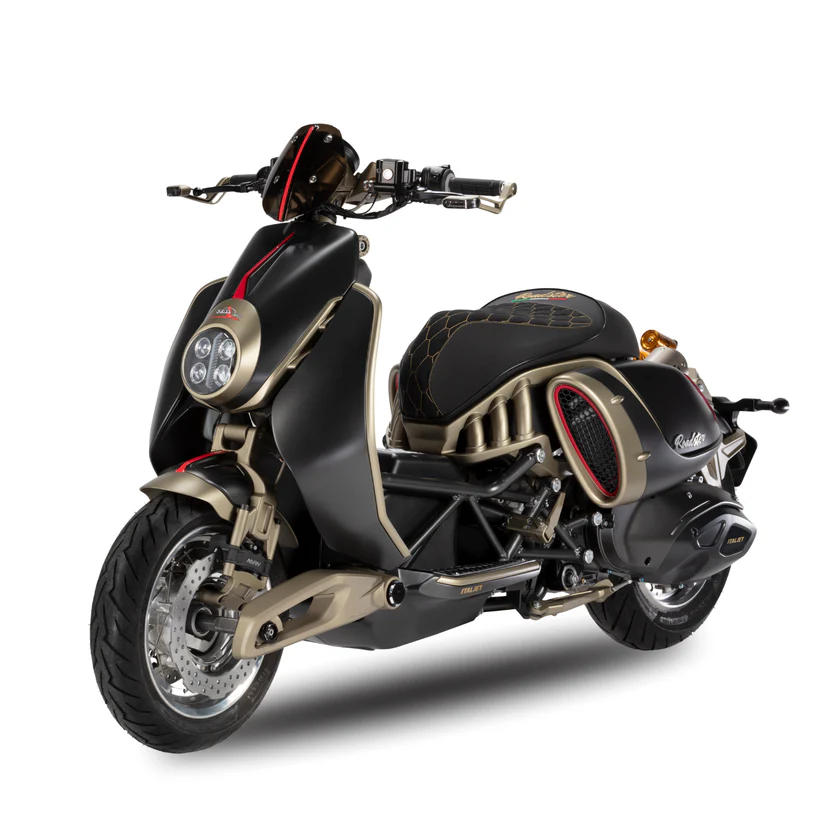 Italjet Roadster 400 neo-retro performance scooter in matte black with gold accents, exposed trellis frame, articulated front suspension, and dual round LED headlight