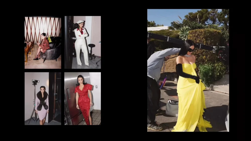 Collage of Kim Kardashian in multiple styled looks, including tailored suits, fitted dresses, and editorial poses, alongside a larger image of her outdoors in a flowing strapless yellow gown with long black gloves while a stylist adjusts the outfit