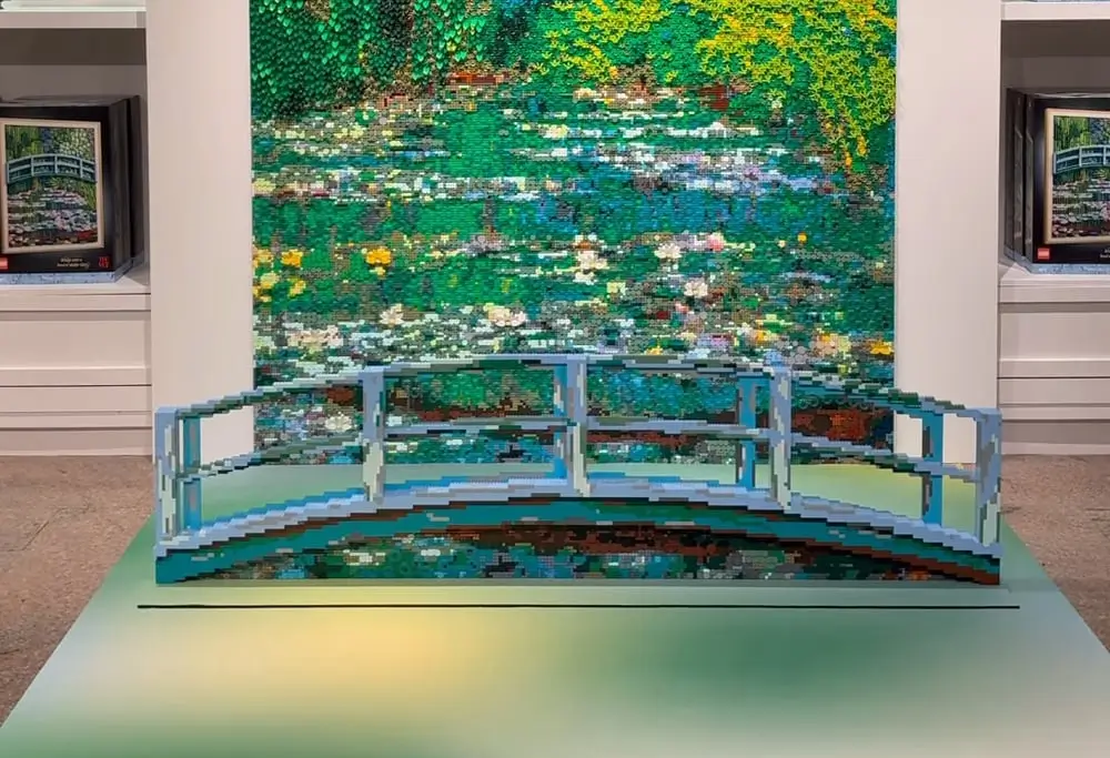LEGO sculpture recreating Bridge over a Pond of Water Lilies by Claude Monet, built by Nathan Sawaya and displayed at The Metropolitan Museum of Art