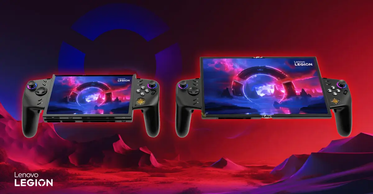 Lenovo Legion Go Fold Concept handheld gaming device shown folded and fully expanded with detachable controllers and foldable display