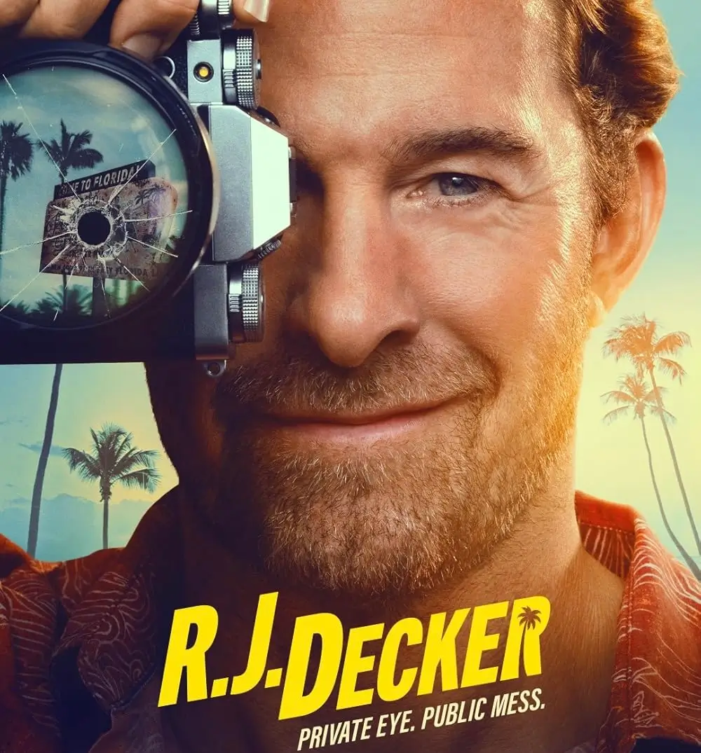 Promotional poster for the R.J. Decker series showing a smiling private investigator holding a camera with a shattered lens reflecting a “Welcome to Florida” sign, set against palm trees and a bright tropical sky, with the tagline “Private Eye. Public Mess.”