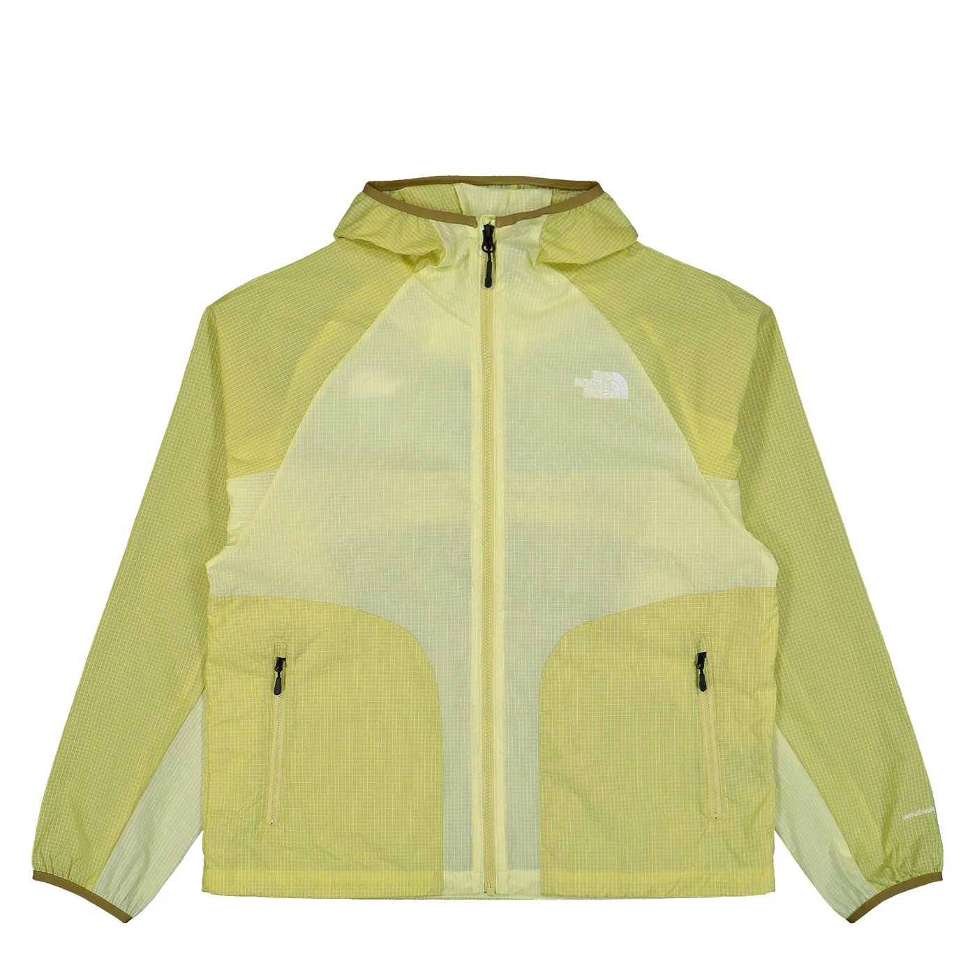 The North Face NSE Wind Jacket in Lemon Mist and Pear colorway, featuring a lightweight translucent ripstop shell with panelled yellow and green tones, full-zip front, adjustable hood, and dual zip pockets on a minimalist silhouette