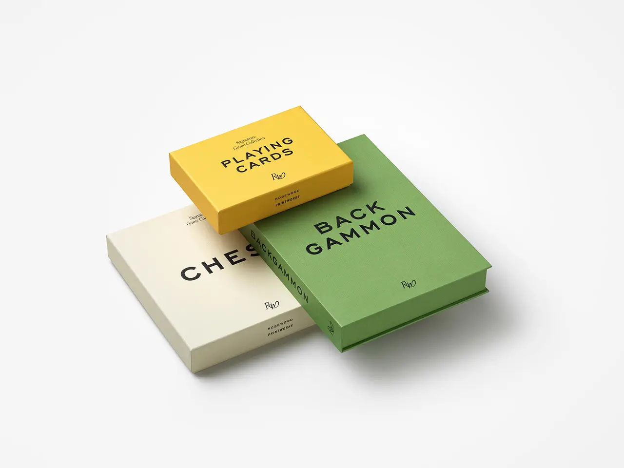 PRINTWORKS × Rosewood chess, backgammon, and playing cards game boxes in minimalist Scandinavian design packaging