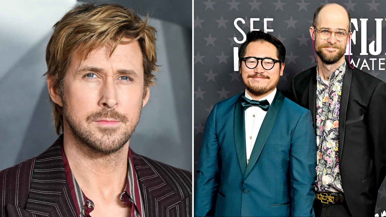 Side-by-side composite image featuring Ryan Gosling in a close-up portrait wearing a striped blazer and neutral-toned shirt, alongside directing duo Daniel Kwan and Daniel Scheinert posing together on a red carpet, dressed in formal suits with patterned details against a step-and-repeat backdrop