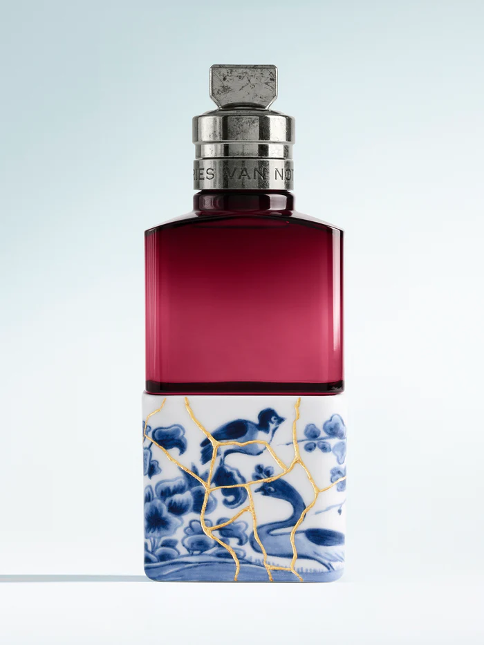 Dries Van Noten Soie Malaquais Limited Edition perfume bottle with red glass and blue porcelain base repaired with gold kintsugi crack detailing