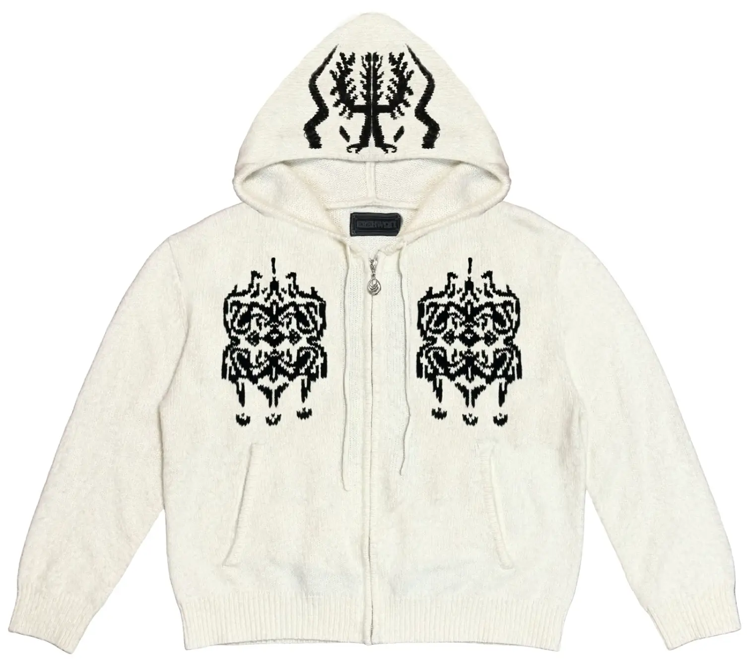 White mohair zip hoodie from the Sacred Tree set featuring black symmetrical tribal-style graphics on the chest and a Sacred Tree emblem knitted into the hood