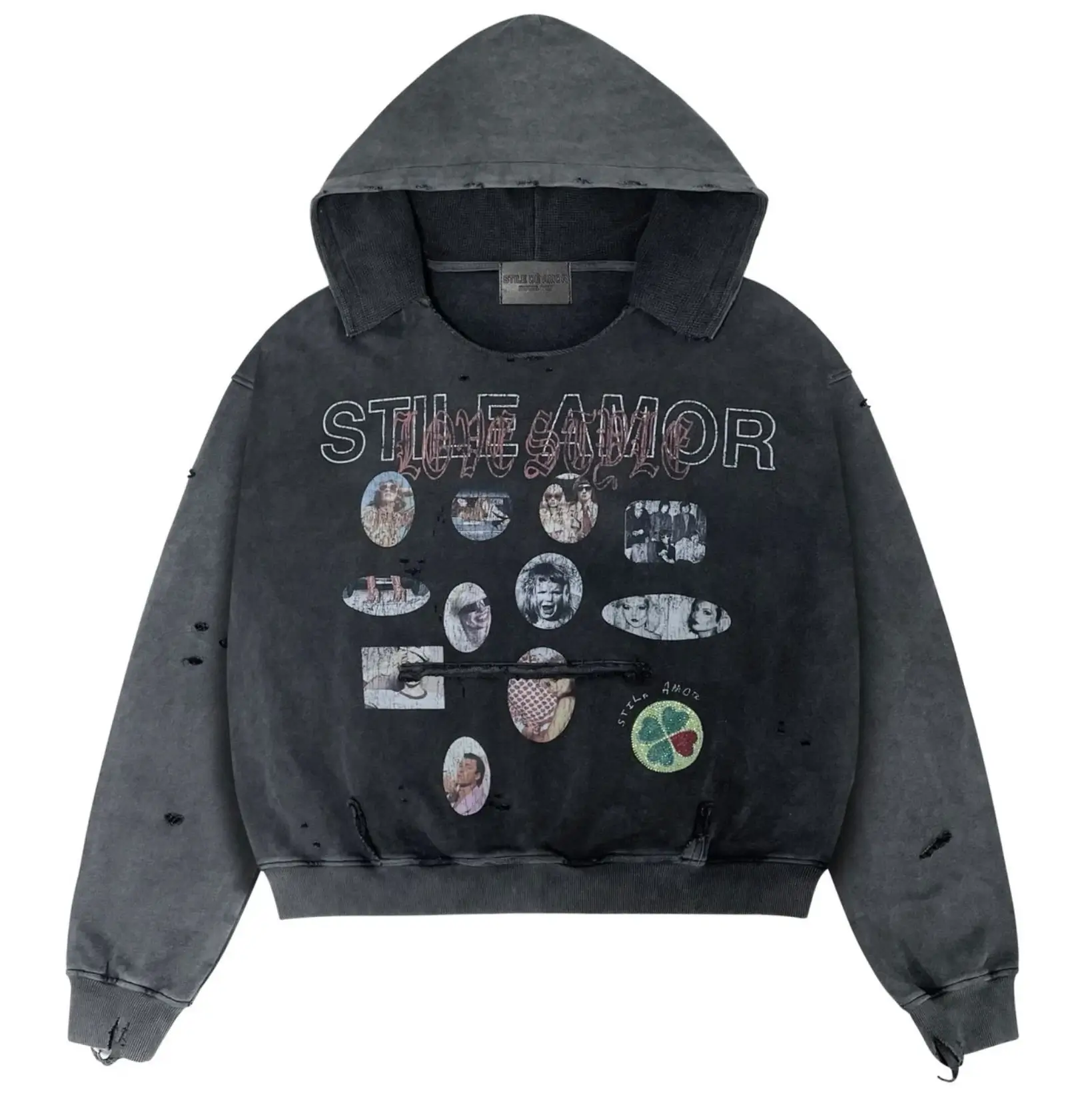 Stile de Amor Galleria SFERA Hoodie in washed charcoal black featuring distressed holes, collage-style portrait graphics in circular frames, and layered “STILE AMOR” typography across the chest with a relaxed streetwear silhouette