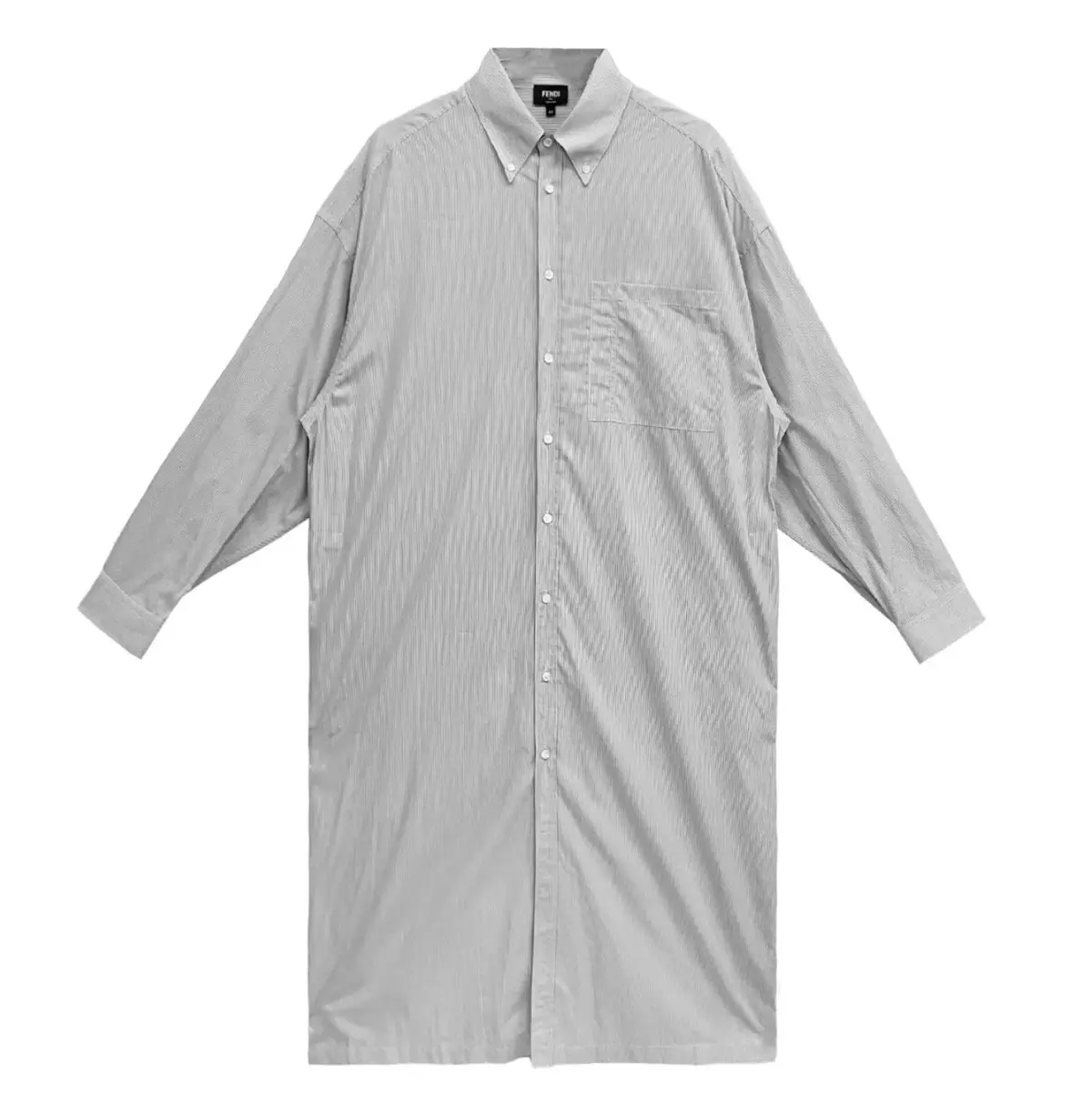 Front view of the Fendi silver oversized button-down shirt with chest pocket, long relaxed silhouette, and minimalist tailoring