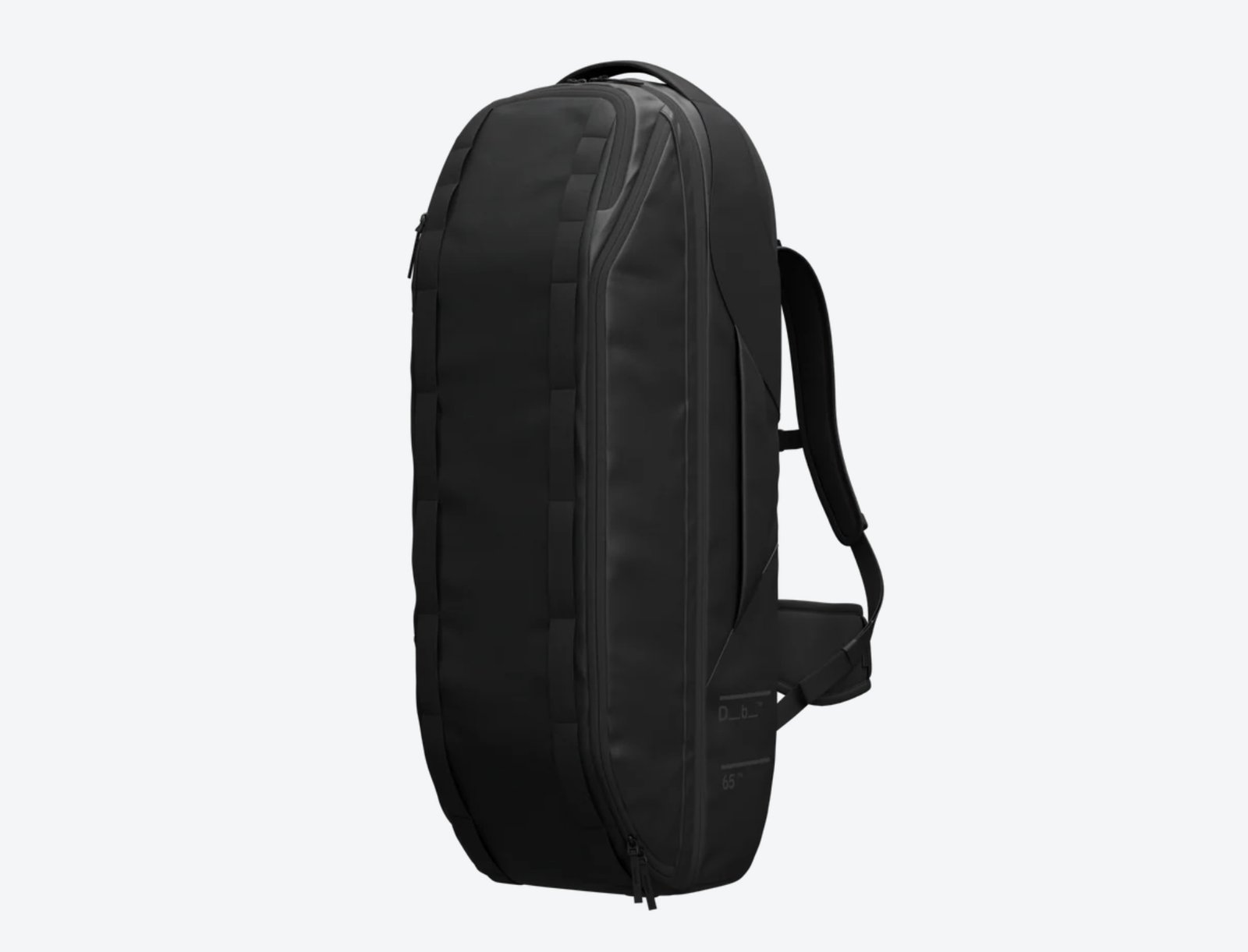 Side profile of the Db Journey Skate Duffel 65L travel bag showing its slim, structured design and large capacity built for skateboard gear and extended trips