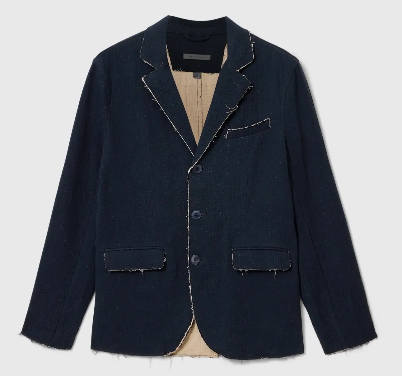 Navy John Varvatos Knox Jacket in double-faced cotton with relaxed unstructured tailoring, raw edge seams, three-button front, notch lapels, and flap pockets