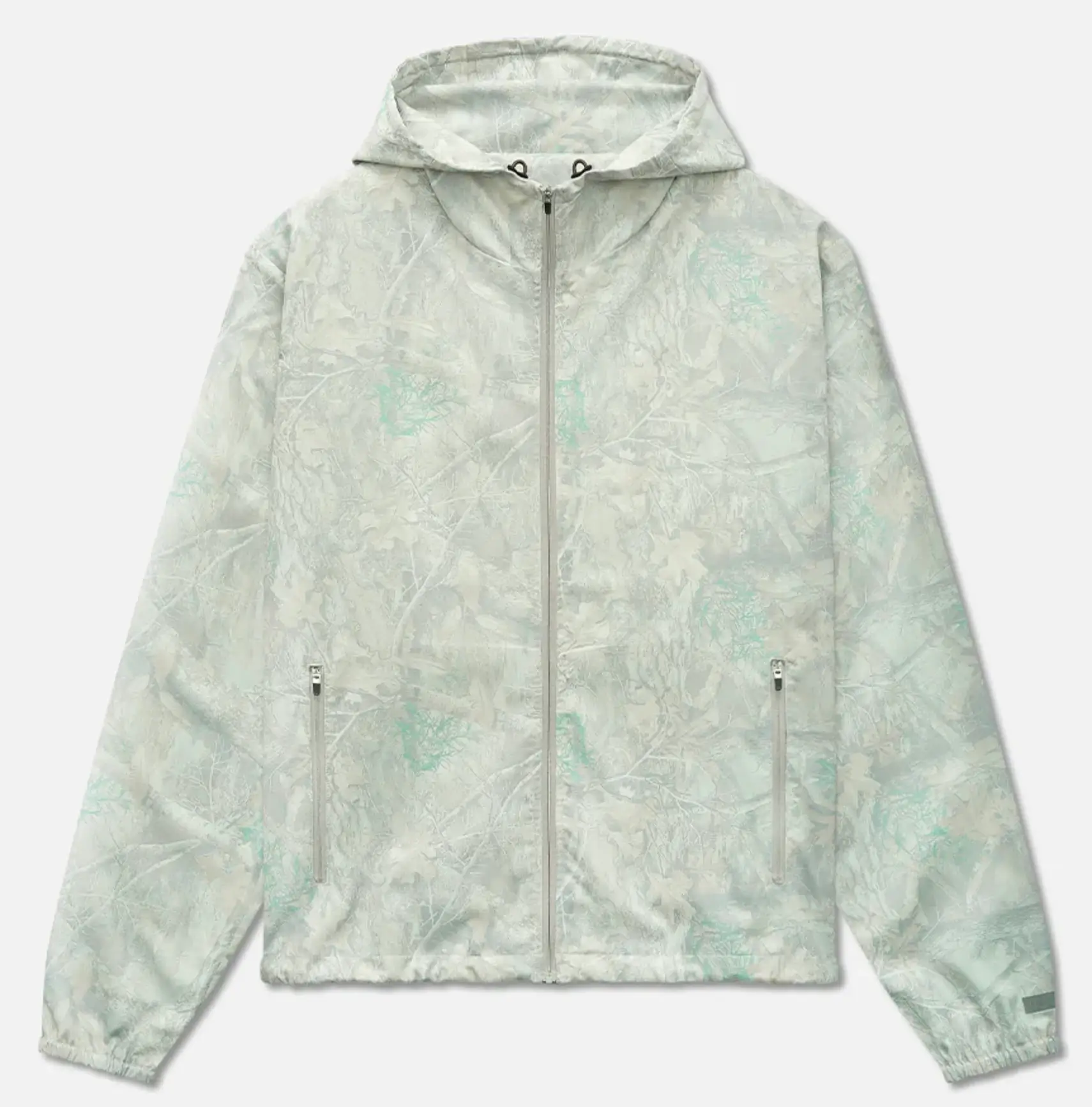Front view of Inverness Spray Green x Antique White hooded anorak with camo-style pattern and zip pockets