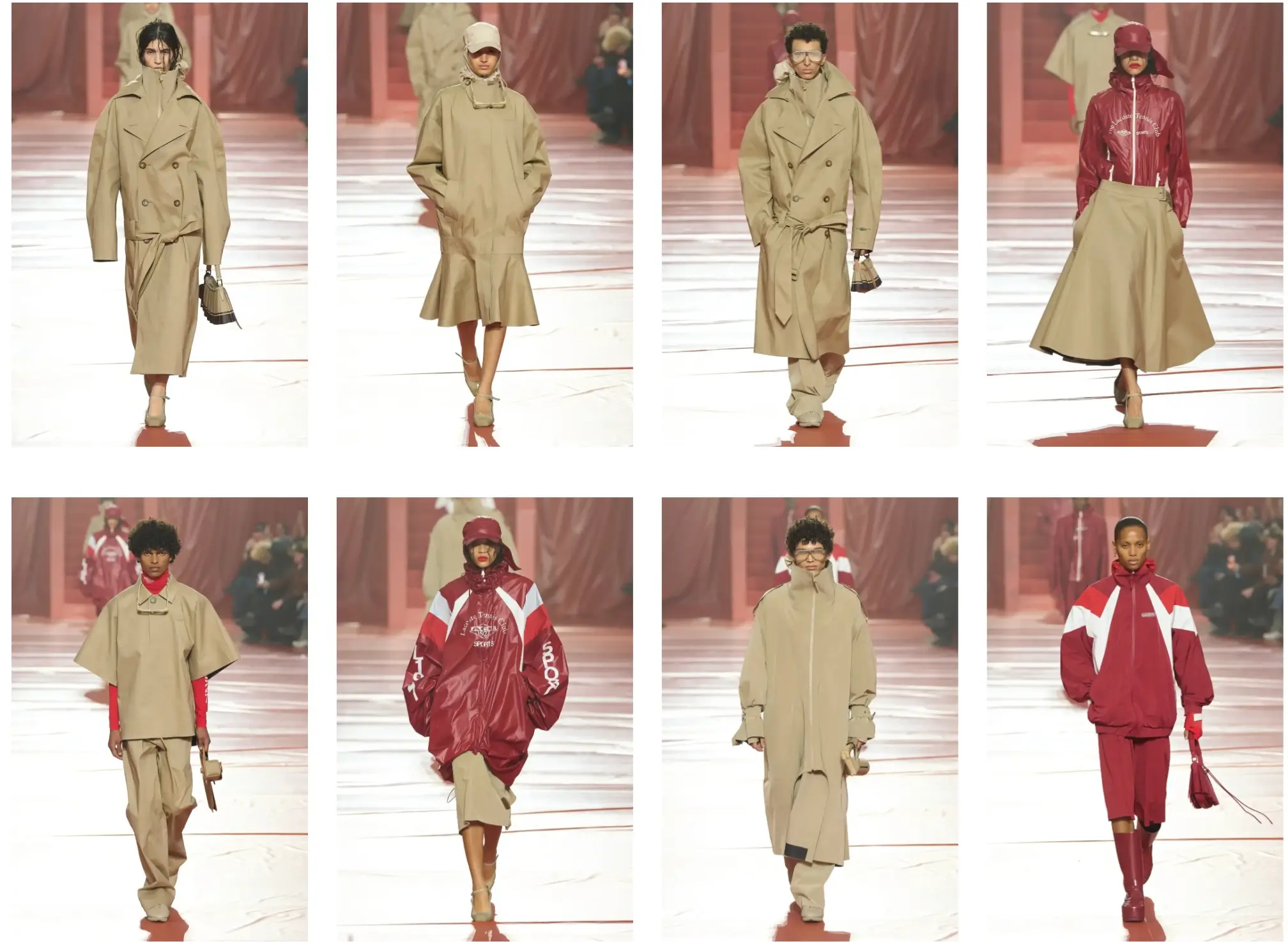 Lacoste FW26 runway look featuring a beige hooded coat dress with flared hem and matching cap, styled with minimalist tennis-inspired footwear