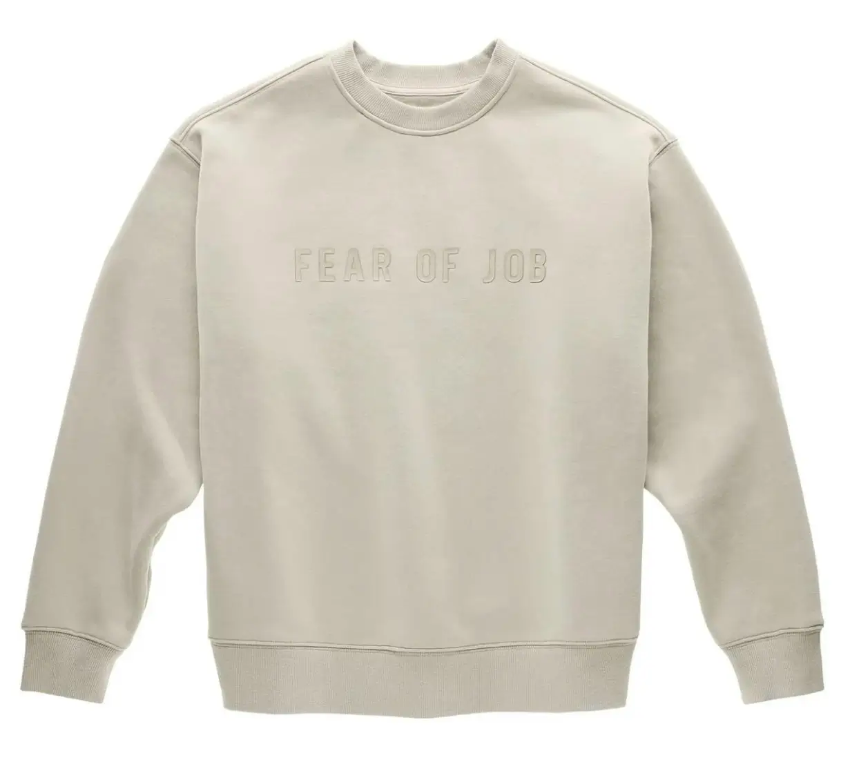 Beige crewneck sweatshirt featuring subtle embossed “Fear of Job” lettering across the chest, part of the capsule by Telfar referencing the minimalist logo aesthetic associated with Fear of God Essentials
