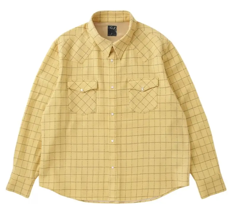 Indigo Camping Trailer FOUR CORNERS CHECK L/S yellow check long sleeve shirt front view with dual chest pockets from visvim ICT collection