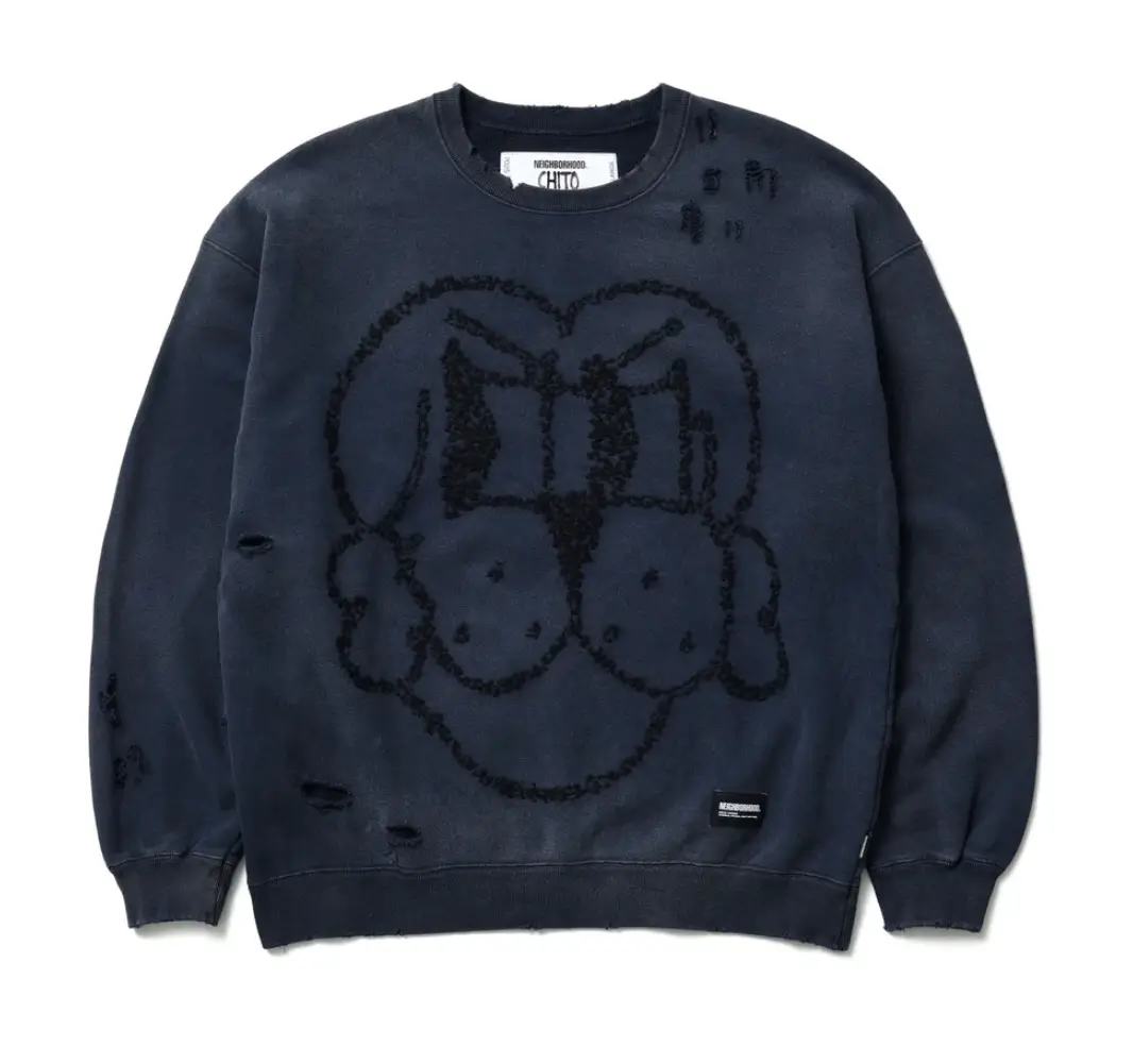 Front view of NH x CHITO Savage sweatshirt in faded navy featuring oversized textured embroidered graphic, distressed collar and body detailing, and a minimal Neighborhood label at the hem