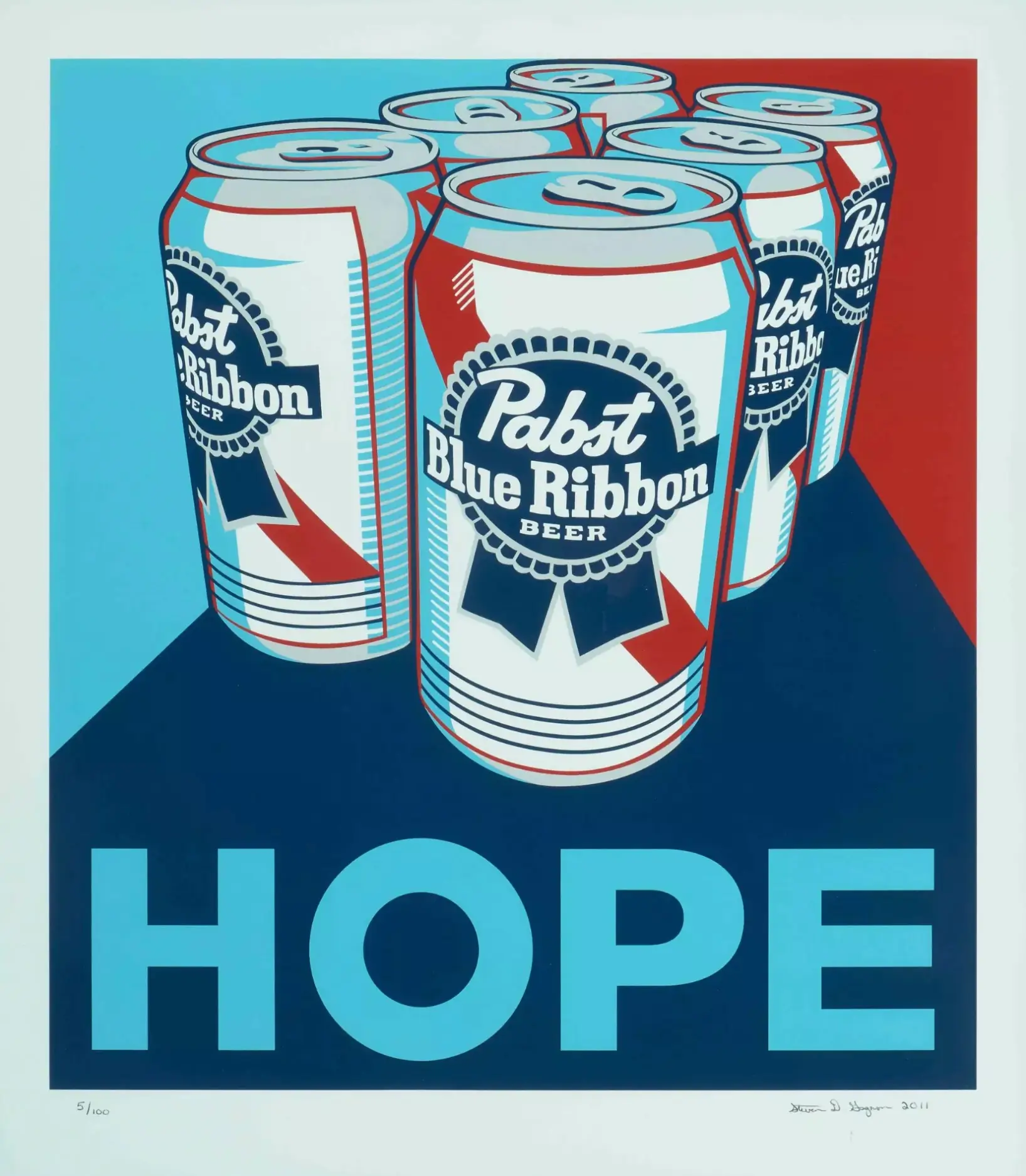 Color serigraph artwork by Steven D. Gagnon titled Hope (2011), depicting a group of stylized Pabst Blue Ribbon beer cans in bold red, white, and blue tones against a geometric background, with the word “HOPE” prominently displayed at the bottom