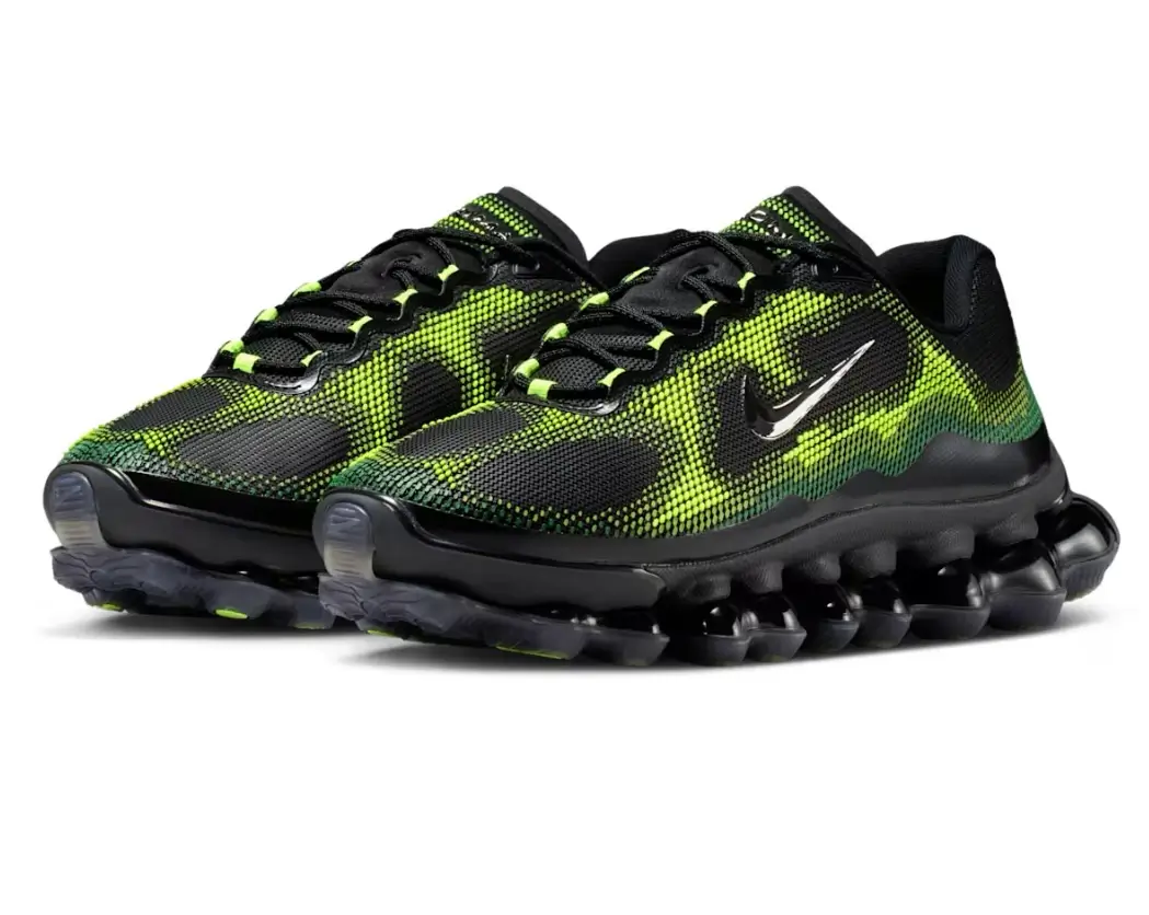 Pair of Nike Air Liquid Max “Radiant Green/Apple Green” sneakers featuring a black mesh upper with neon green gradient pattern, reflective Swoosh, and sculpted segmented Air sole