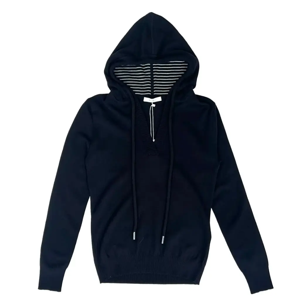 Navy Max Mara Mxmdivo hoodie featuring a structured silhouette with ribbed hem and cuffs, elongated tonal drawstrings, and a softly contoured hood lined with horizontal stripe detailing, presented against a neutral background to emphasize its refined cotton construction and minimal luxury finish