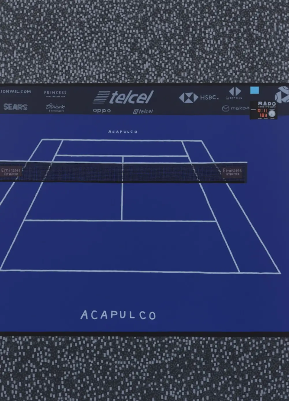 Overhead view of a vivid blue tennis court labeled “Acapulco,” with crisp white boundary lines and a central net, surrounded by a patterned gray stadium backdrop and sponsor signage along the far sideline