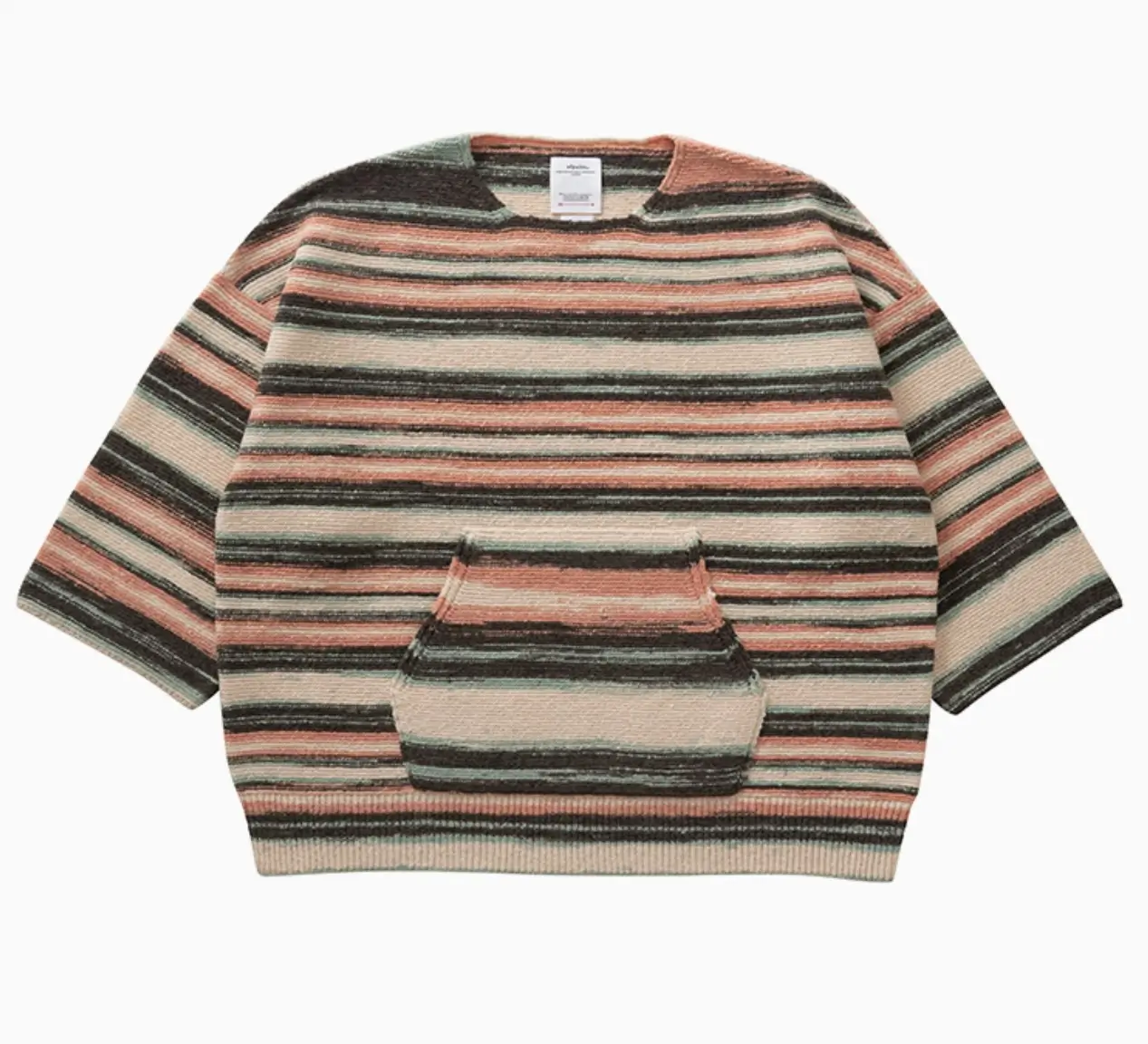 Visvim Burrow Crew Knit in pastel and neutral stripe pattern with short sleeves, ribbed hem, and textured woven finish