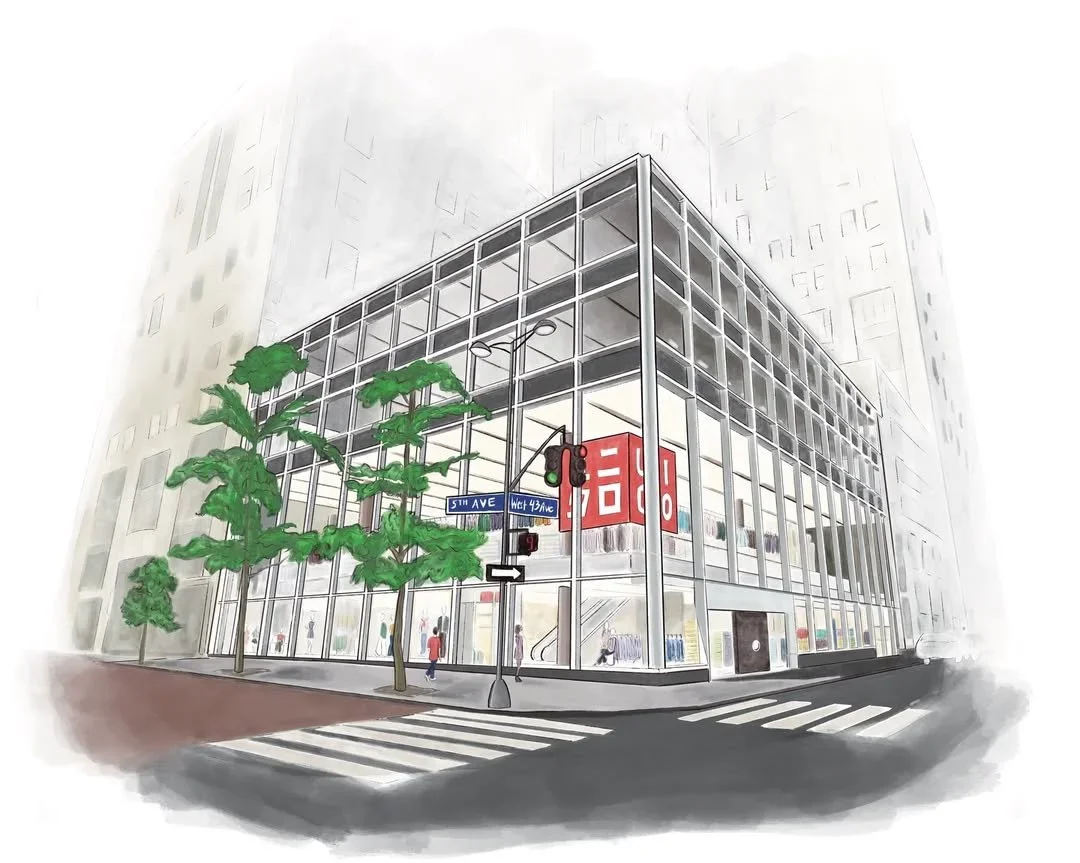 Illustrated rendering of a modern Uniqlo retail store at the corner of Fifth Avenue and West 43rd Street in New York City, featuring a glass-grid façade, red Uniqlo signage, street trees, and pedestrians at a crosswalk near Bryant Park