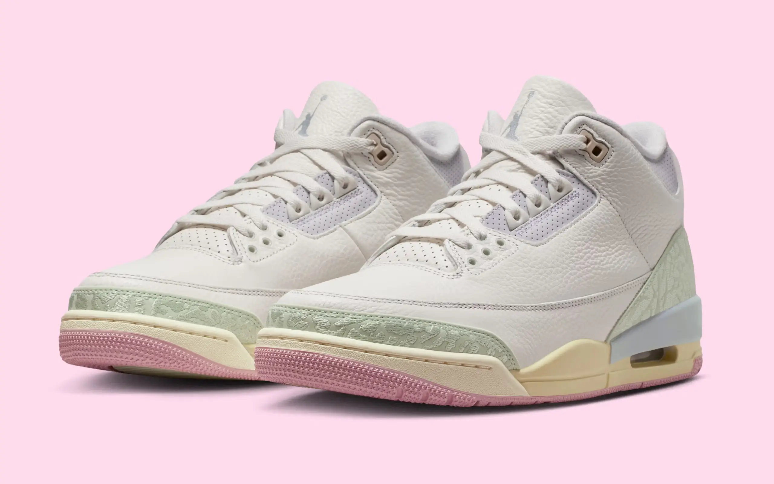 Air Jordan 3 OG “Spring Is in the Air” pair in soft pastel tones with white leather upper and green and pink accents