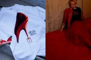 Split image featuring a white T-shirt from The Devil Wears Prada x weber collection with the iconic red stiletto heel graphic printed across the chest, alongside a styled campaign shot of a model in a red layered skirt and matching jacket, leaning against a textured wall while wearing a black logo tee—both visuals emphasizing cinematic fashion nostalgia and bold red tonal contrast