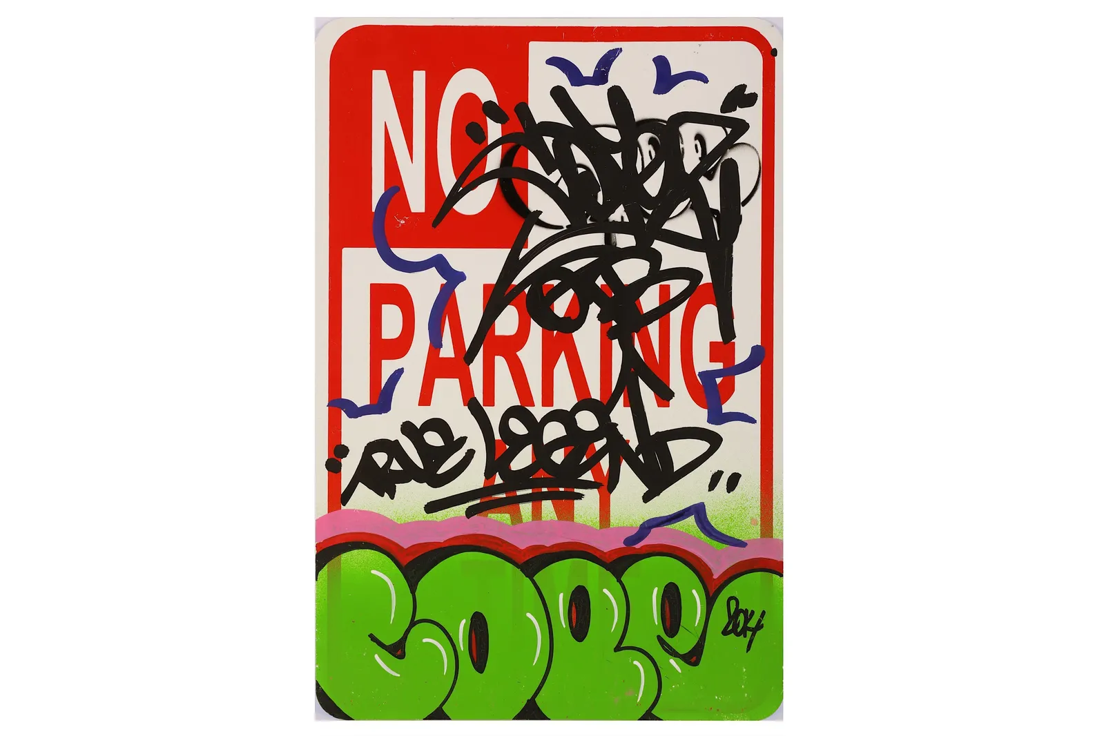 Cope 2 painted metal “No Parking” street sign artwork featuring layered black graffiti tags, purple accents, and bold green bubble lettering at the bottom