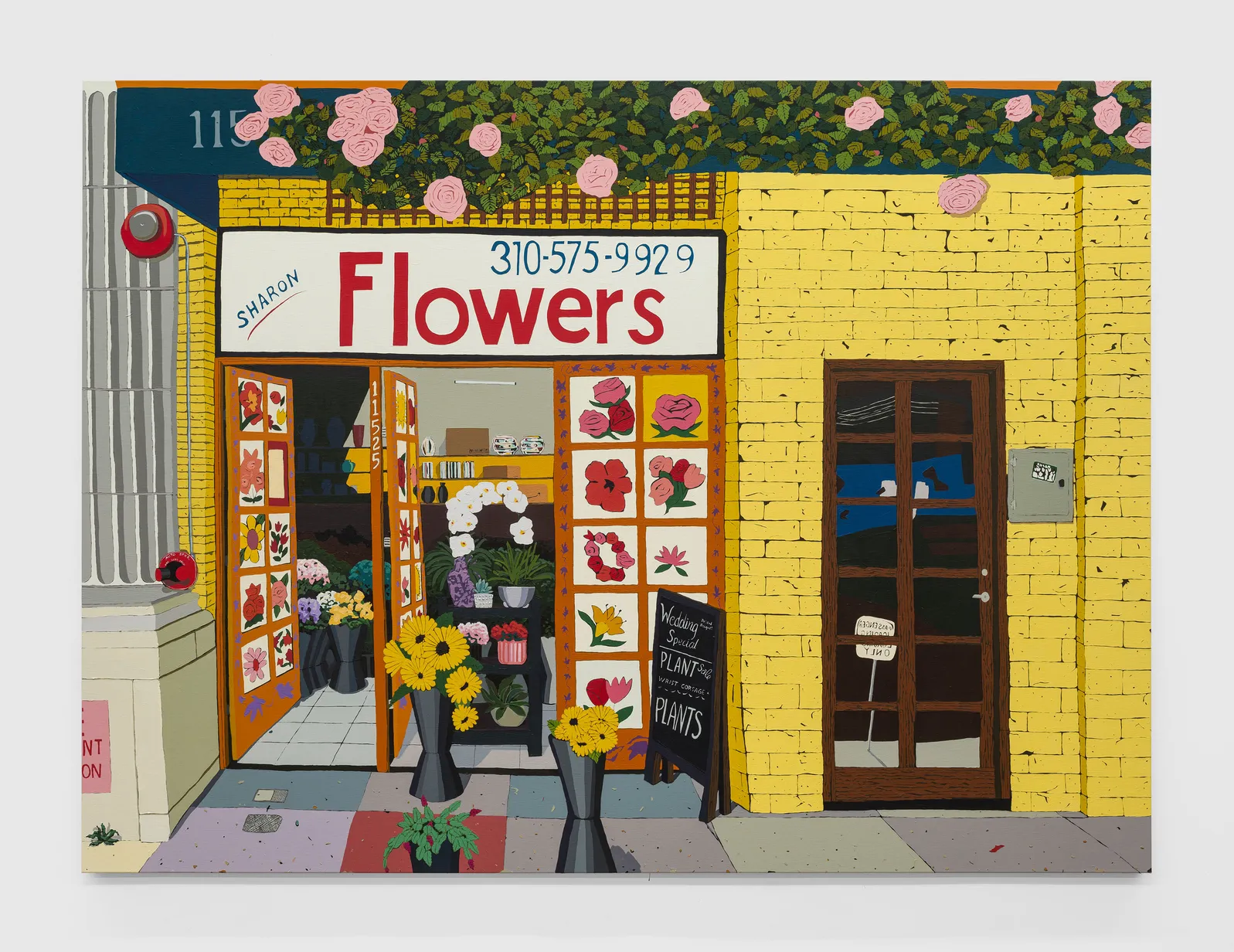 Hilary Pecis Sharon Flowers (2024), acrylic on linen painting depicting a bright yellow brick storefront with an open flower shop entrance, colorful floral displays, and a bold “Flowers” sign above the door