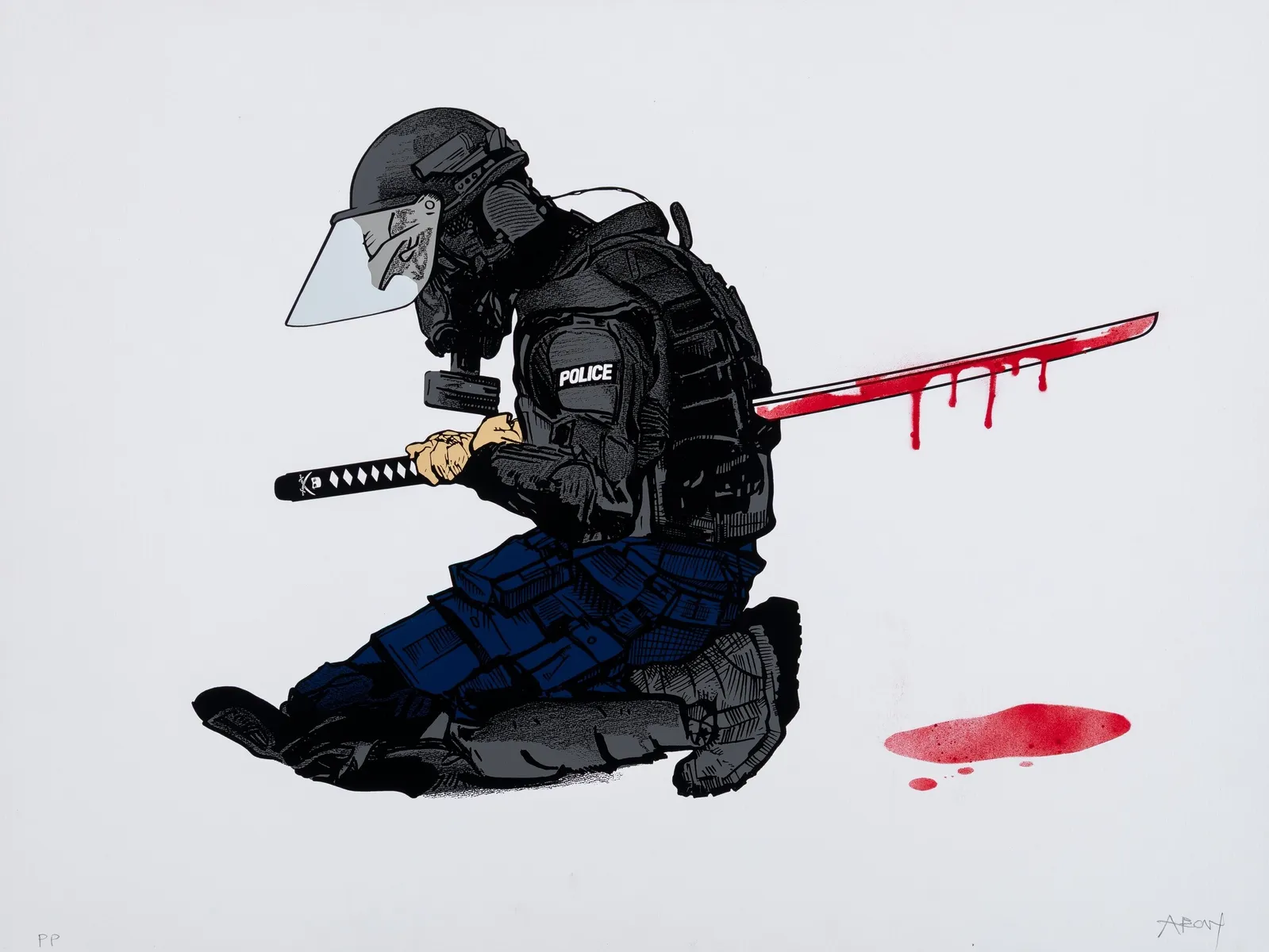 ABCNT Seppuku screenprint depicting a stylized riot police figure kneeling in tactical gear while gripping a katana, with a blood-streaked blade extending behind, combining graphic illustration with sharp social commentary through bold lines and stark color contrasts