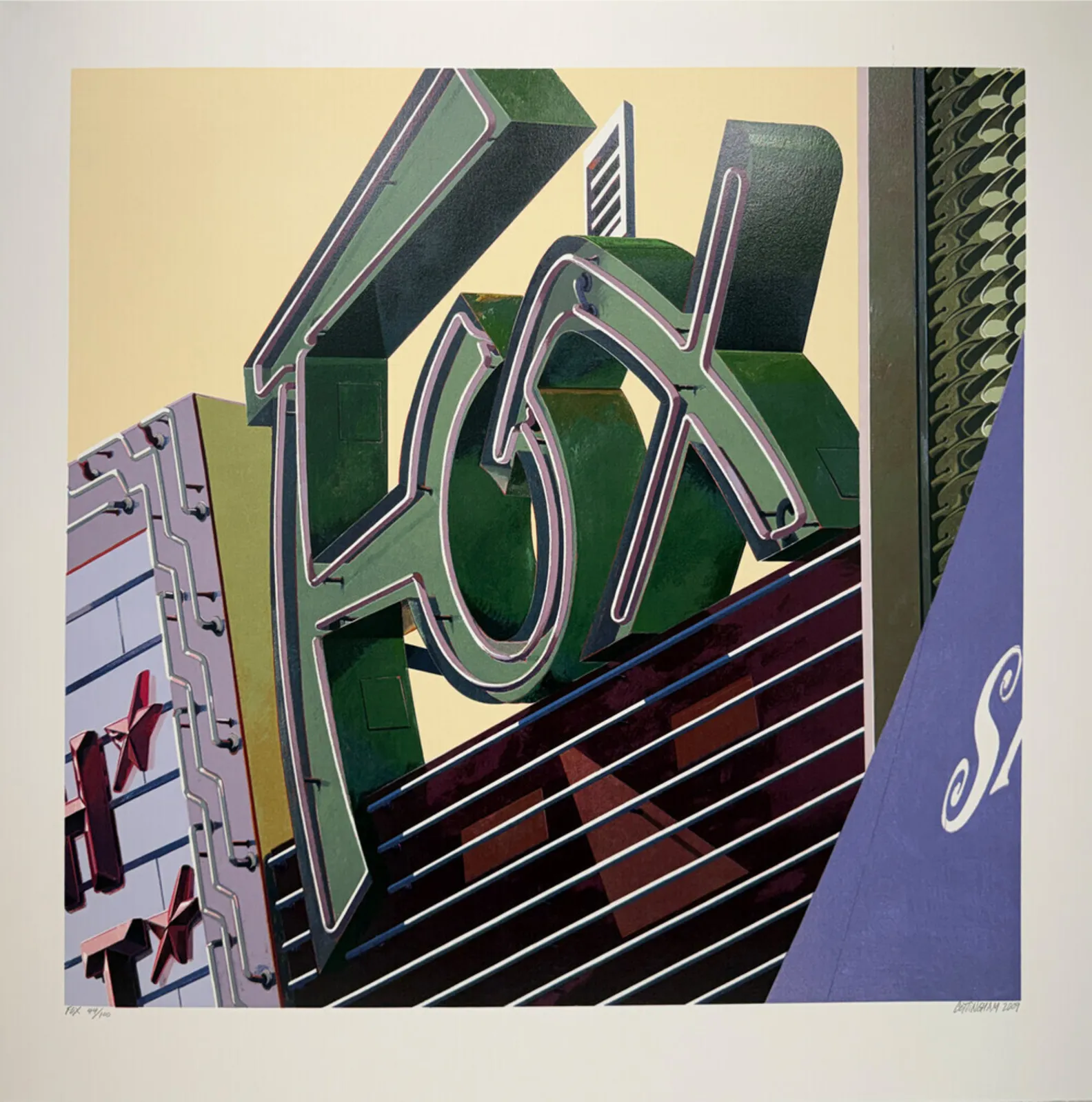 A sharply rendered screenprint of a vintage American theater marquee dominated by large, three-dimensional green letters spelling “FOX,” viewed from a low, upward angle. The signage features tubular neon outlines in pale pink and white, casting subtle shadows against a warm, cream-colored sky. To the left, a vertical panel with star motifs and retro detailing hints at mid-century cinema architecture, while diagonal metal lines and a purple geometric facade on the right create a layered, architectural composition. The overall style is crisp and graphic, emphasizing bold geometry, clean edges, and nostalgic commercial signage aesthetics