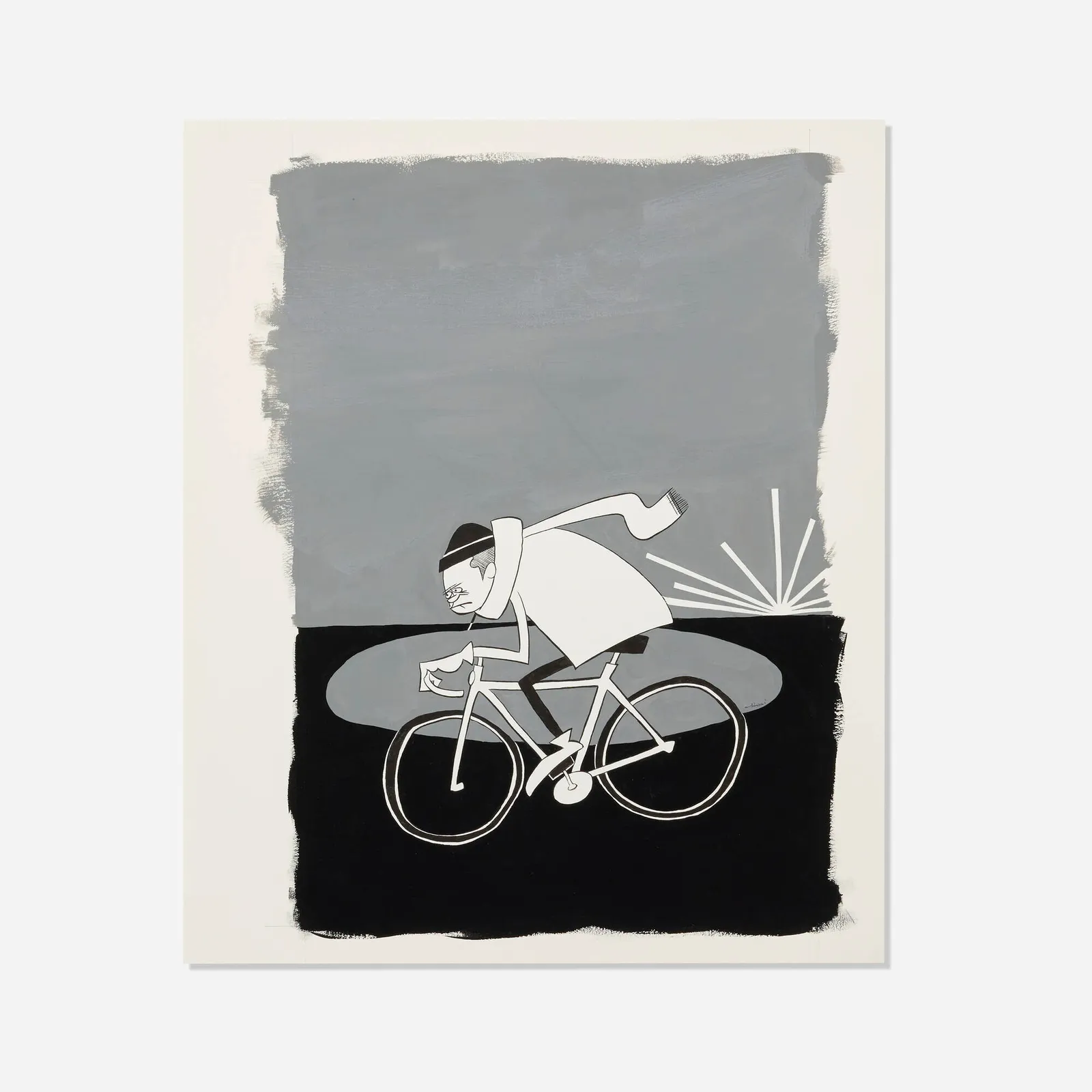 Illustration-style acrylic-on-paper artwork by Yusuke Hanai depicting a stylized cyclist riding through a dark landscape, rendered in minimalist black, white, and grey tones with a slouched figure leaning forward and graphic bursts suggesting motion or sparks behind the bicycle