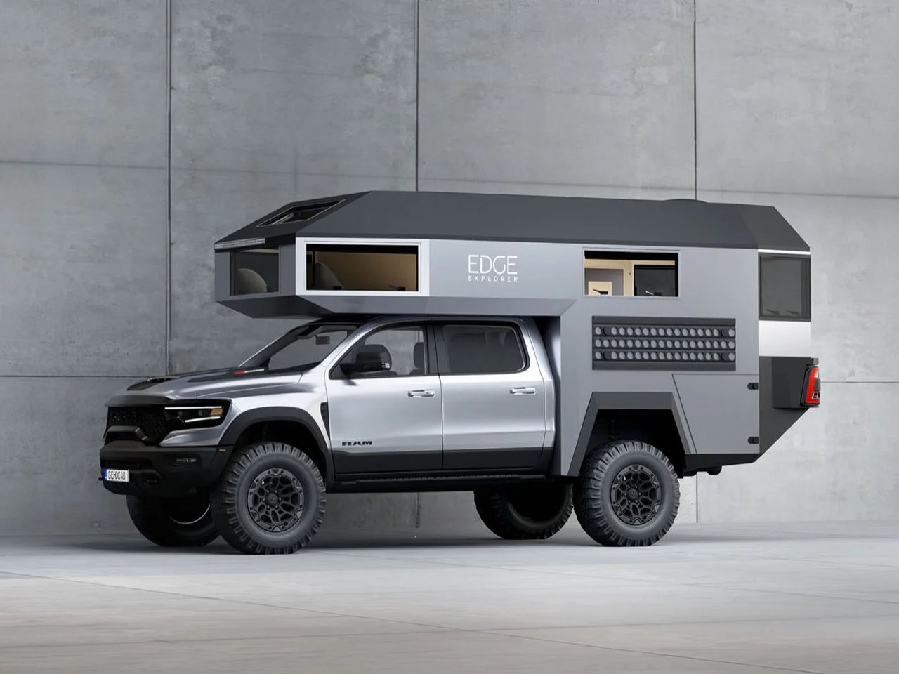 GEHOcab EDGE Explorer Trail truck camper mounted on Ford F-150 with angular brutalist silver and black design
