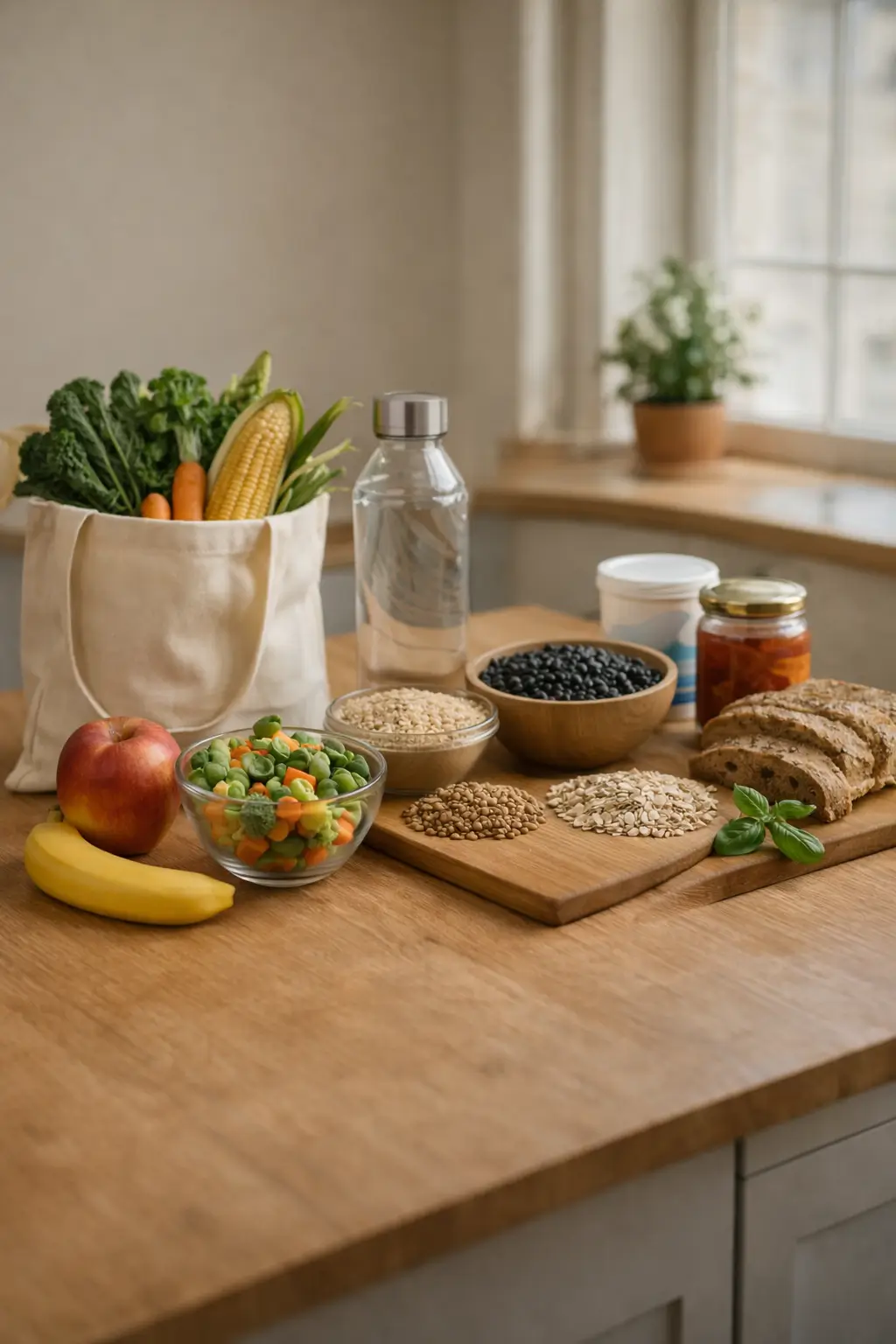 Sunlit kitchen counter displaying affordable, nutritious foods including a tote bag of fresh vegetables (kale, carrots, corn), a bowl of frozen mixed vegetables, apple, banana, whole grain bread slices, oats, rice, lentils, black beans, yogurt, and a jar of tomato sauce arranged neatly for budget-friendly meal planning