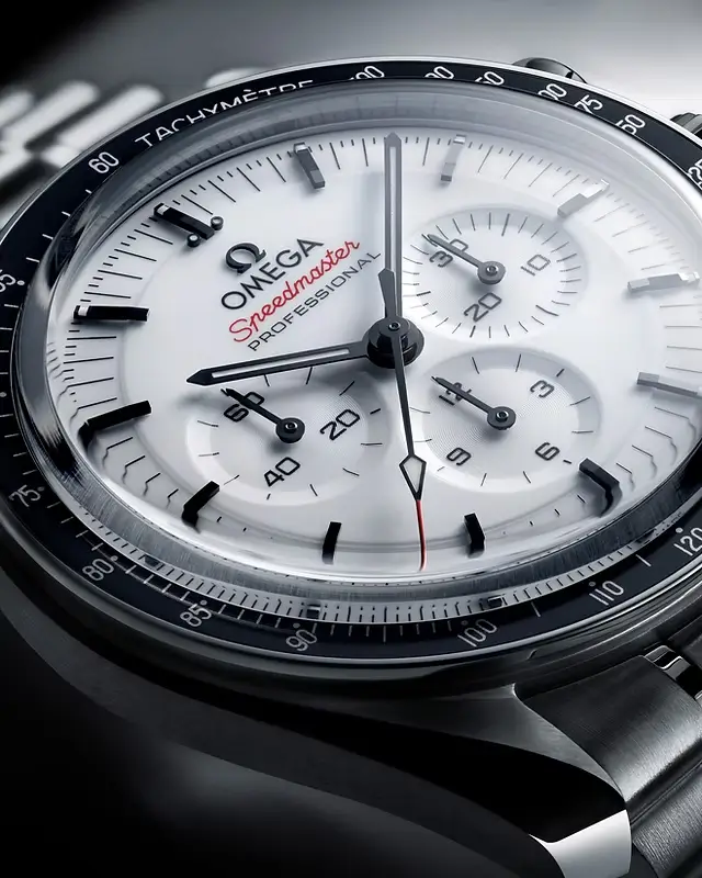 Omega Speedmaster Moonwatch Professional white dial chronograph watch with tachymeter bezel and stainless steel case