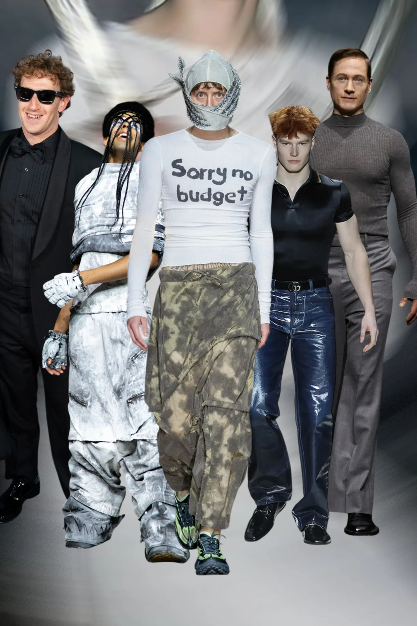 Group of fashion models styled in experimental runway looks with metallic fabrics, sculptural headwear, and minimal futuristic silhouettes