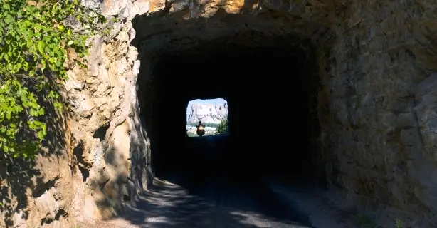 View from inside a dark stone tunnel along Iron Mountain Road, framing a bright opening that reveals a distant mountain landscape, with rough rock walls and sunlight casting darkness across the roadway