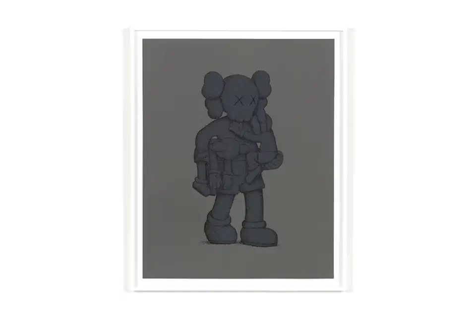 Framed Clean Slate (Grey) 2022 screenprint by KAWS featuring the iconic Companion character holding a smaller figure against a monochrome grey background.