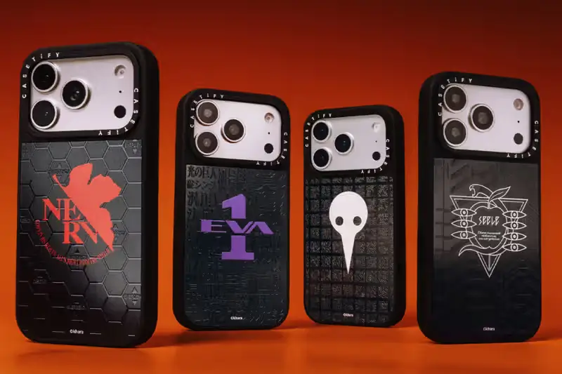 A lineup of four Evangelion x CASETiFY 30th anniversary iPhone cases displayed against a red gradient backdrop, featuring distinct designs including the NERV logo in red, EVA Unit-01 typography in purple and green, a minimalist Rei Ayanami symbol in white, and the SEELE emblem, all set on dark industrial textures with hexagonal and grid patterns