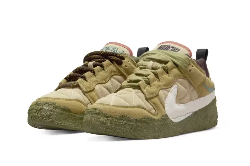 CPFM x Nike Flea 1 “Desert Moss” sneakers featuring textured moss-like green outsole, beige quilted upper, and white Nike Swoosh