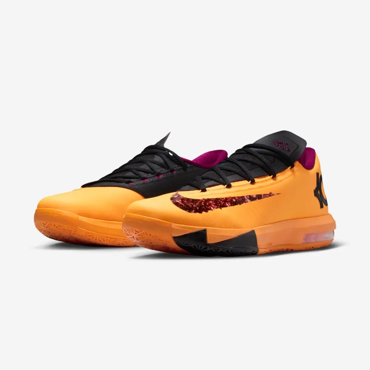 Nike KD 6 “Peanut Butter & Jelly” 2026 sneakers angled pair view showing orange upper, jelly-style Swoosh, black laces, and visible Air cushioning unit